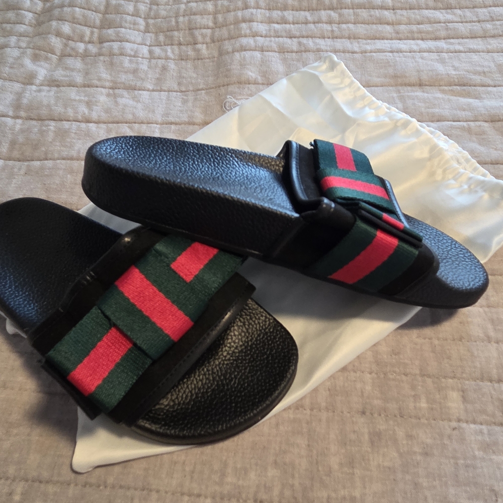 Black Slide Sandals with Red and Green Stripes
